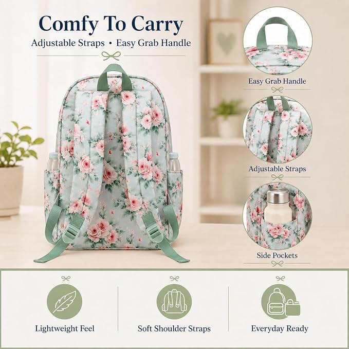 Bluboon Teens Backpack Set Girls School Backpack Lunch Box Pencil Bags Student Bookbags 3 in 1 (Pink Bow Rose)