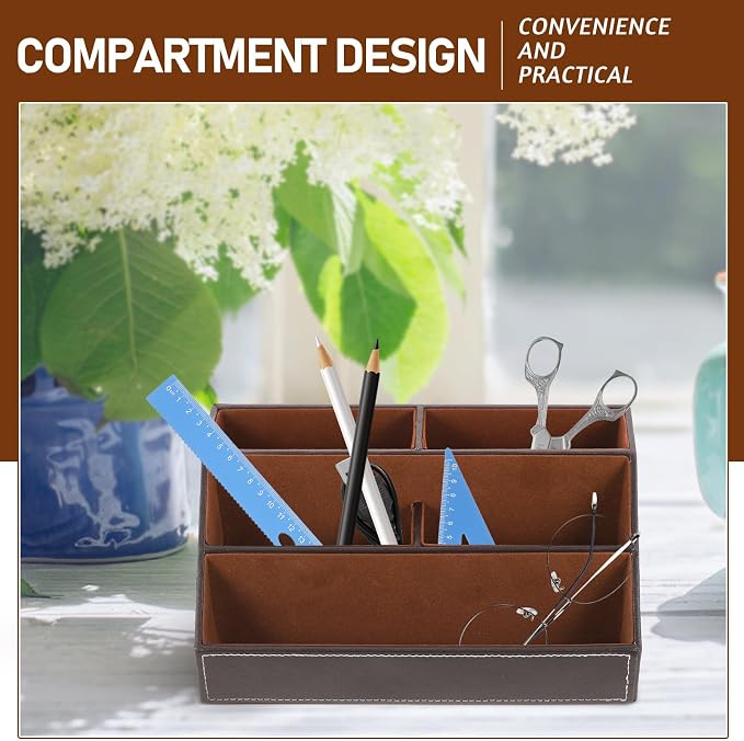 Desktop Sundries Storage Holder Minimalist Contemporary Design Desk Organizer Pu Leather with High Density Board to Keep Desk Clean and Tidy for Office and Home Use