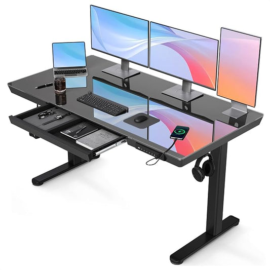 Claiks Glass Standing Desk with Drawers & USB Ports 55x24 Inch, Black | 3 Steps Quick Install, 2 Zones Drawer, USB Ports, Ultra White One-Piece Glass Top, Writable Top
