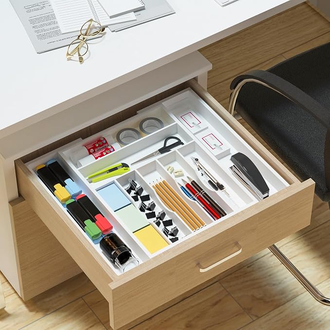 Utensil Organizer Silverware Drawer Organizer - Adjustable Utensil Tray Bamboo Silverware Divider with Groove for Kitchen Flatware, Hair Accessories, Repair Tools, Art Set W13.5"-19.9" x L17.6"(White)