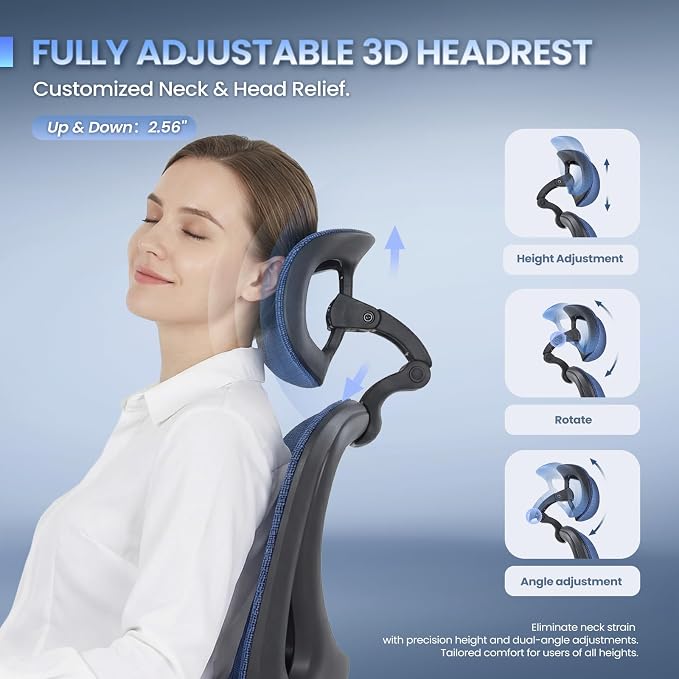 MALOL Ergonomic Mesh Office Chair with Footrest, Executive High Back Computer Desk Chair with 3D Adjustable Headrest & 5-Level Lumbar Support, Track Armrest, Tilt Lock, 300LBS, Blue