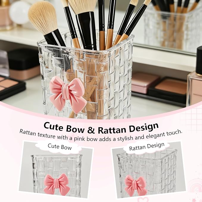 Nirvany Acrylic Pen Holder for Desk, Cute Clear Pencil Organizer & Makeup Brush Holder with Bow Back To School Accessories for Office, Home, School, Kitchen