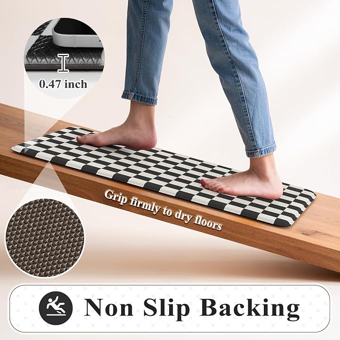 KIMODE Anti Fatigue Mats for Kitchen Floor,Checkered Kitchen Rugs Sets of 2 | 20"x59"+20"x32" Farmhouse Kitchen Floor Mats Non Slip, Cushioned Laundry Room Rug, Plaid Standing Desk Mat for Office Dorm