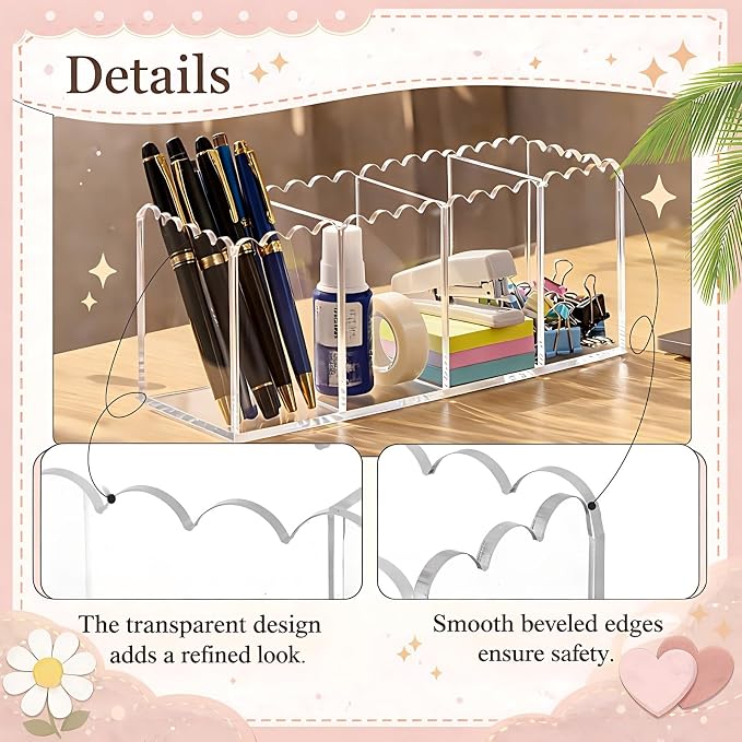 Scalloped Acrylic Pencil Holder for Desk, Clear Pen Organizer with 4 Compartments, Marker Makeup Brush Holder Remote Caddy for Home, Office, Bathroom, Classroom, Table