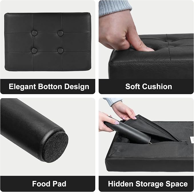 CAROLMADE Footstool Ottoman with Legs, PVC Small Foot Rest Under Desk, Ottoman with Storage for Living Room, Bedroom, Entryway Black