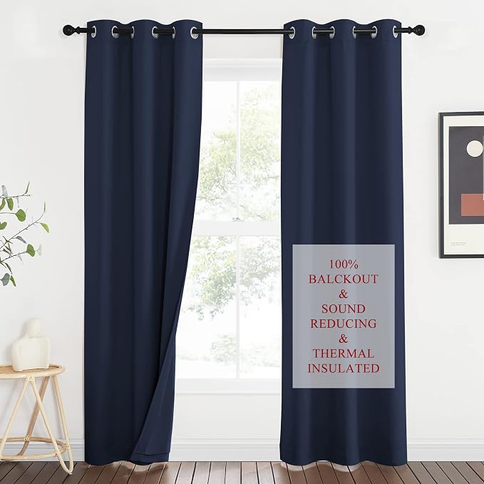NICETOWN Sound Blocking Black Out Curtains for Patio Door, Heavy-Duty Space Divider Curtains for Living Room, Lined Insert Noise, Blackout, Thermal Insulation Drapes for Closet (Navy, 84-inch Long)