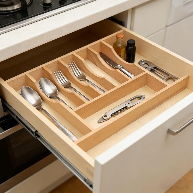 Silverware Drawer Organizer - Trim-to-Fit with Adjustable Dividers for Kitchen Utensil Storage, Beech Wood Frame with 11 Sizes (20.63" W x 22" D)