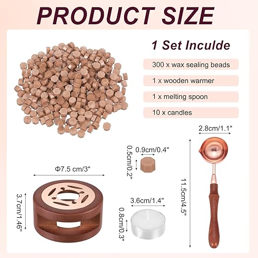 PATIKIL Wax Seal Kit, 300 Pcs Wax Sealing Beads, Wooden Warmer, Melted Spoon, 10 Pcs Tealight Candles for Envelope Letter Mailing Crafts DIY, Apricot Skin