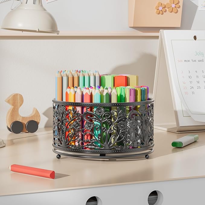 EKNITEY Pencil Holder for Desk - 360° Rotating Pen Holder Organizer Caddy | Sturdy Metal, Rotation Smooth, 4 Compartments, Non-Slip Base, Cute Floral Design, for Office Home Classroom School, Black