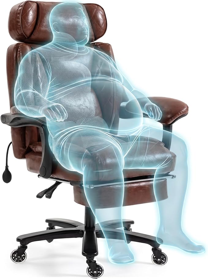 750 LBS Big and Tall Executive Home Office Chair w/Footrest, Black | PU leather, Built for Heavy People, Lumbar Airbag, High Back, Wide Seat, Reclining 90°-155°, Home Office Gaming Room