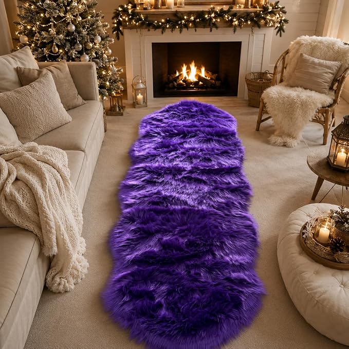 EasyJoy Faux Sheepskin Rug, Fluffy Faux Fur Rug, Ultra Soft Shag Area Rug with Non-Slip Backing for Bedroom, Living Room, Nursery, Kids Room(2 x 6 ft Sheepskin, Dark Purple)