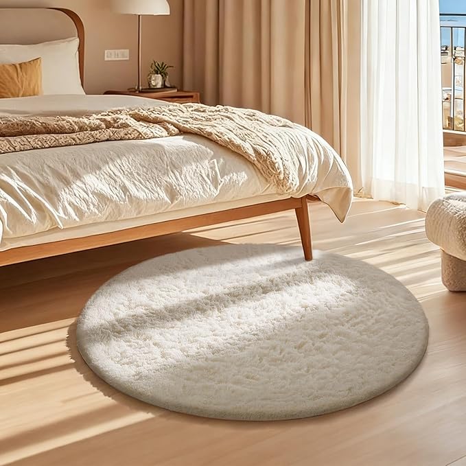 Ophanie Round Rug Ivory Circle Area Rugs Washable, Fluffy Fuzzy Nursery Bedroom Small Carpet, Plush Soft Shaggy Indoor Floor Cream Living Room 2Ft for Kids Home Decor Aesthetic, Nursery