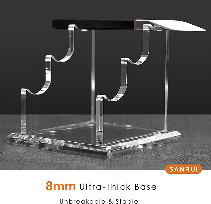YUXUN Acrylic Pen Holder for Desk - Horizontal Three Pen Display Stand with 8mm Thick Base | Fountain Pen Rest, Apple Pencil Stand, Crystal-Clear Desk Organizer