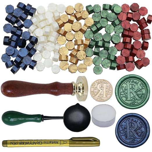 Initial Alphabet Wax Seal Stamp Kit, Retro Letter R Sealing Stamp with 150Pcs Sealing Wax Beads Spoon Pen Set for Wedding Invitations Cards Envelopes (R)