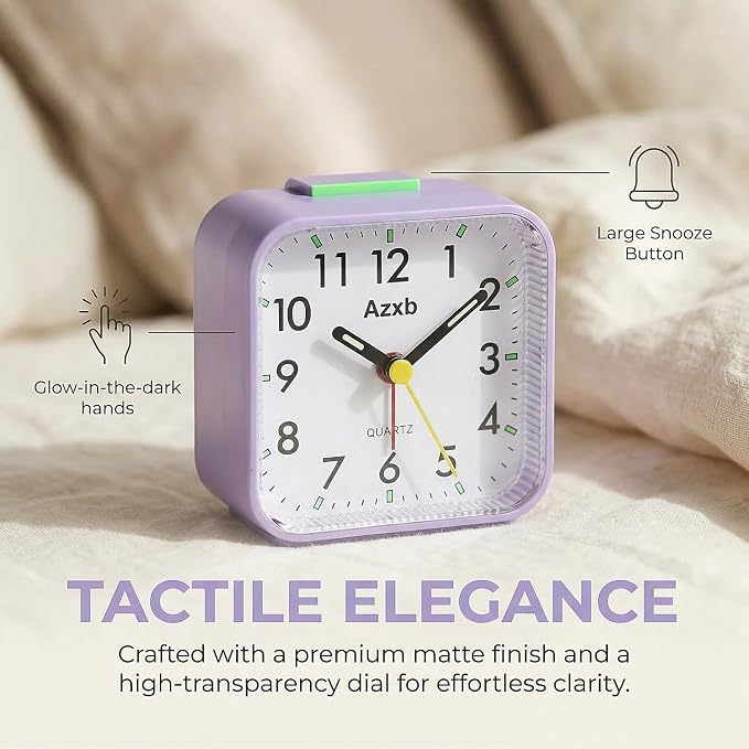 Analog Alarm Clock, Silent,Travel,Snooze, Loud Alarm, Luminous, Purple | Alarm Clock with Night Light, No Ticking Battery Operated Quiet Small Desk Clock for Bedrooms Deep Sleeper Adults Kids