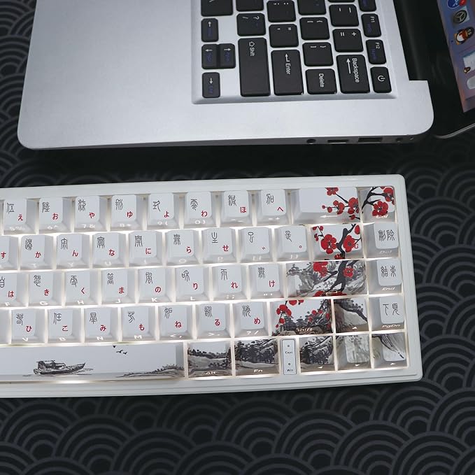 JSJT Japanese Keycaps Side-Printed Keycap Set PBT Doubleshot Shine Through Custom Keycap Cherry Profile Plum Blossom Key Caps 135 Keys for Cherry MX Switch Mechanical Keycboard
