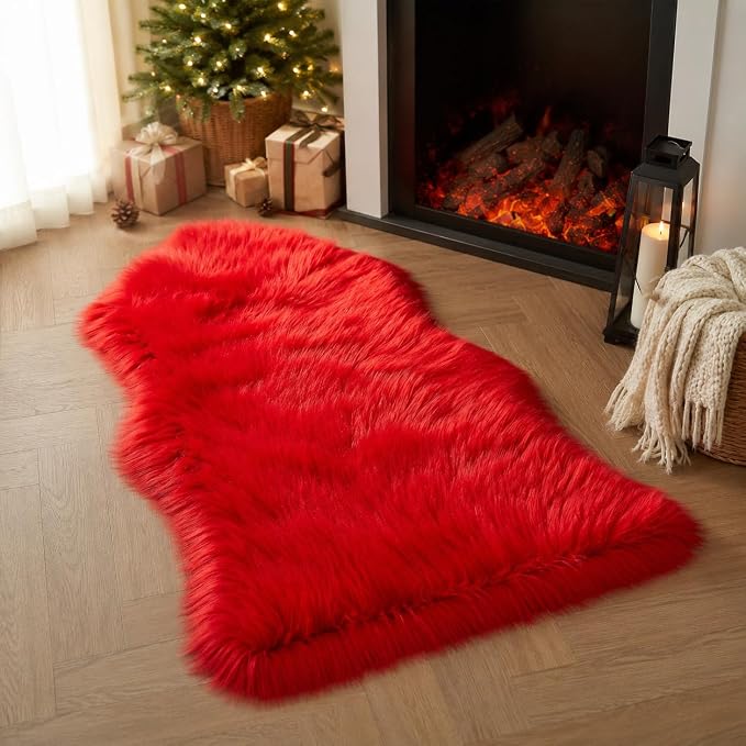 EasyJoy Ultra Soft Faux Fur Rug Fluffy Sheepskin Rug for Bedroom Living Room Sofa Bedside Floor(2 x 4 ft Sheepskin, Red)