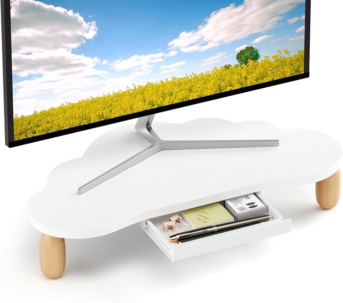 AFOOYO Monitor Stand Riser,Cloud-Shaped Sturdy Wood 16.5In Computer Monitor Riser Wirh Drawer, Multi-Purpose Desktop Organizer Riser for Computer,Laptop,Printer,TV,White