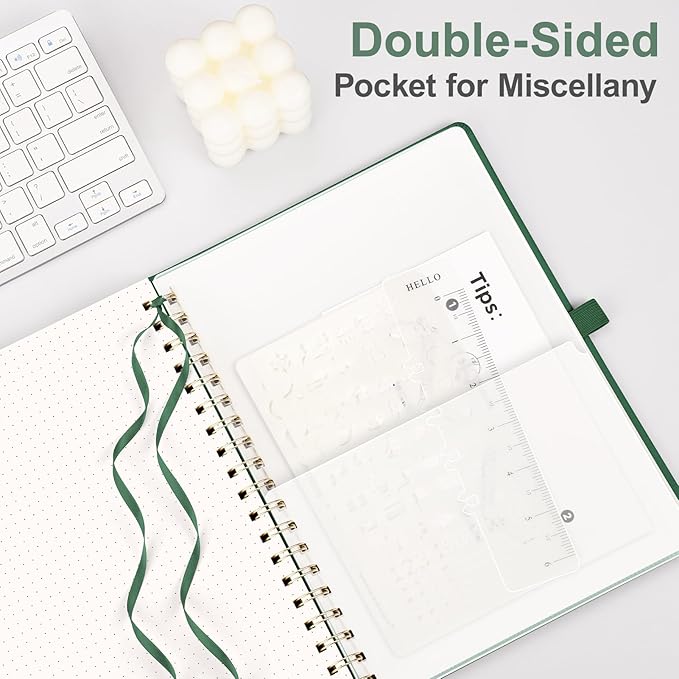 AHGXG HGXG Dotted Journal Spiral Notebook, Large B5 Dotted Notebook 140 Pages, Leather Hardcover, 100 GSM Thick Dot Grid Paper, Inner Pocket, for Dotted Journaling, 7.6" x 10", Green