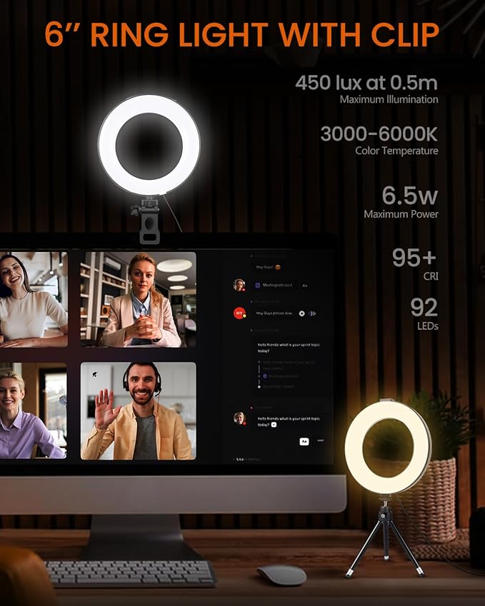 Video Conference Lighting Kit, Ring Light Clip on Laptop Monitor, 6" Dimmable LED Circle Selfie Light for Zoom Meeting/Remote Working/Zoom Calls/Live Streaming/Video Recording