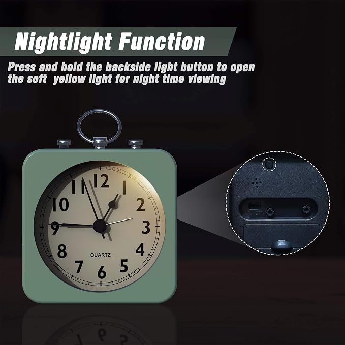 AYRELY® Small Metal Alarm Clock, Desk and Table Clock for Travel | Battery Operated Retro Silent Clock with Light for Bedroom, Bedside, Shelf and Living Room Decor (Saga Green)