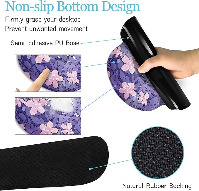 LIMKRIAN Purple Mouse Pad Large Desk Mat Set, Kawaii Cat Computer Mouse Pad with Wrist Rest Keyboard Wrist Support XXL Mousepad Cup Coaster Set, Cute Purple Office Desk Accessories Cat Decor Supplies