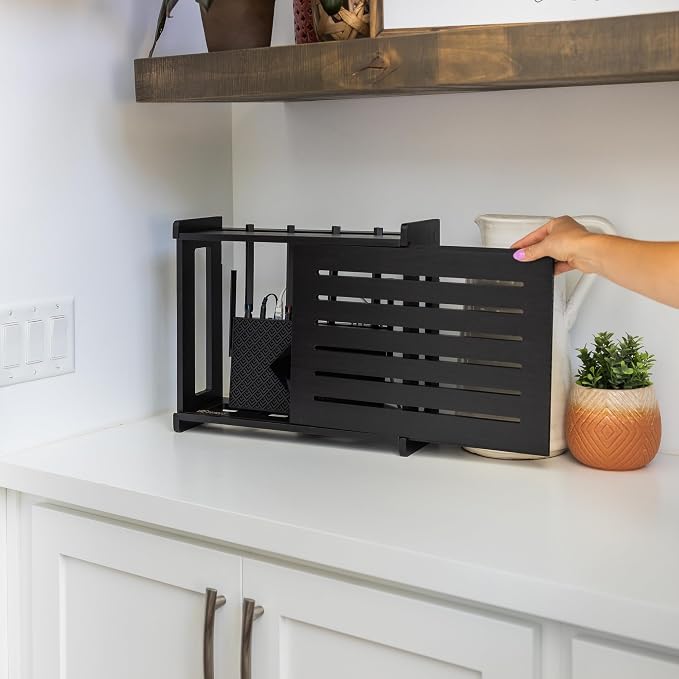 WiFi Router Storage Cabinet Router Box Hider WiFi Box Hider Shelf Cover | Standard • Pine Wood • Black Finish • Seamless Side Panel Design • Fits Routers Up To 11" • Wall Mount Or Desktop Placement