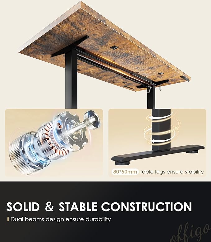 OffiGo 71" Executive Electric Standing Desk Height Adjustable, Rustic Brown | 1.38" Thick 3-Panel Desktop, Power Outlets, 3 Memory Presets, Dual-Beam Frame for Home Office, Workstation, Conference Room