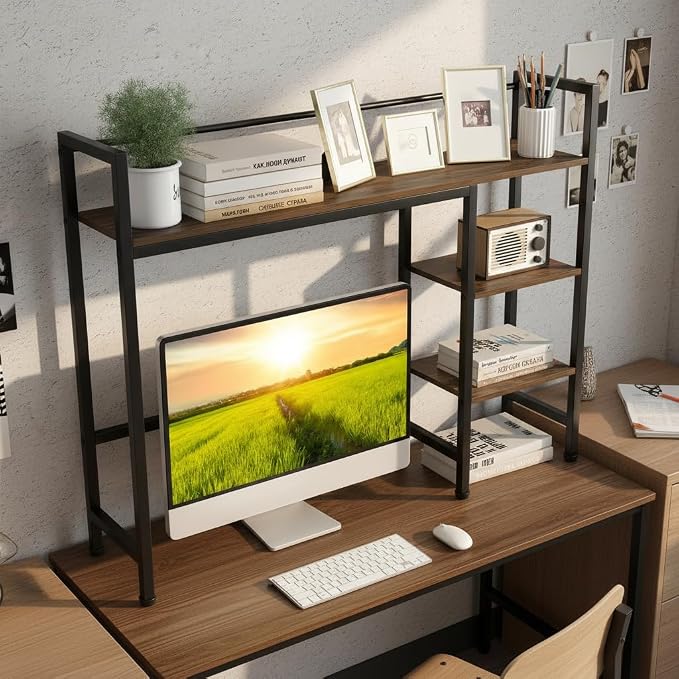 Tangkula 4-Tier Desktop Bookshelf, 38.5" Dorm Desk Hutch, Rustic Brown | Tabletop Hutch for Computer Monitor, 4 Open Storage Shelves, Anti-tip Device, Desktop Display Shelves for Home Office