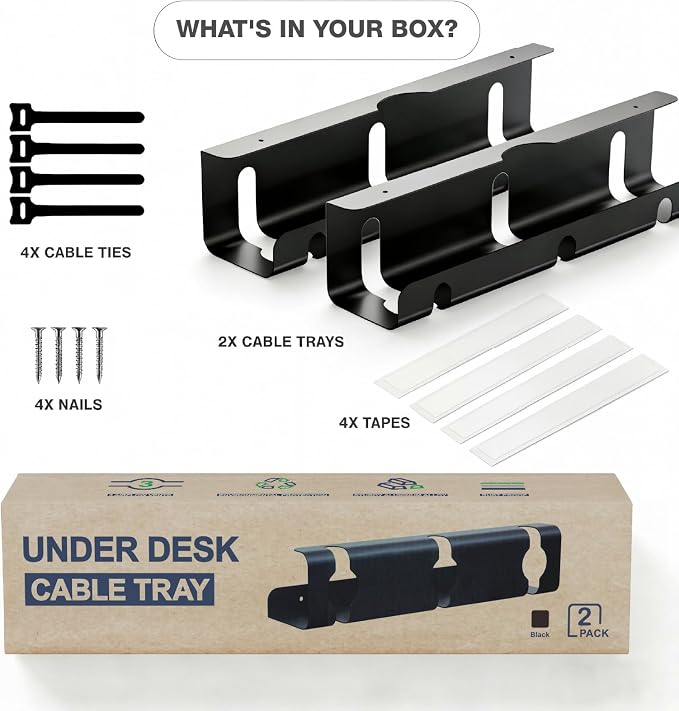 Under Desk Cable Management Tray, 2 Pack 16 Inch Black Metal Cord Organizer, No Drill Adhesive or Screw Mount for Glass/Marble/Office/Gaming Desk, Black