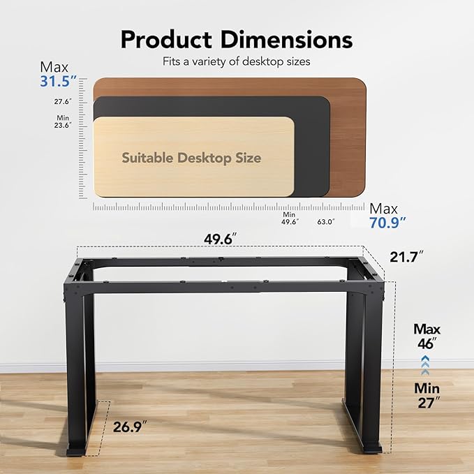 HUANUO 4 Legs Standing Desk Frame, Dual Motor Height Adjustable Electric Sit Stand Desk Frame for Home & Office, Heavy Duty Steel, Memory Controller, Frame Only, Black