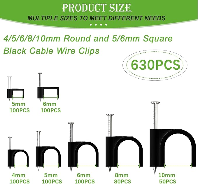 mxuteuk 630PCS Cable Clips with Steel Nails,4/5/6/8/10mm Round and 5/6mm Square Black Cable Wire Clips,Wall Clips for Cords,Cable Cord Clips for RG6 RG59 CAT6 RJ45
