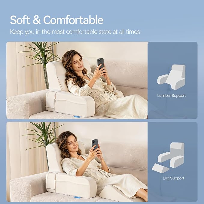 Kayfia Reading Pillow, Gel Memory Foam Back Rest Pillow, 21'', Ivory | 3 Storage Pockets, Dual-Use Back Leg Support Pillow, Detachable Armrests, Ideal for Reading, Gaming, Working on Bed & Couch