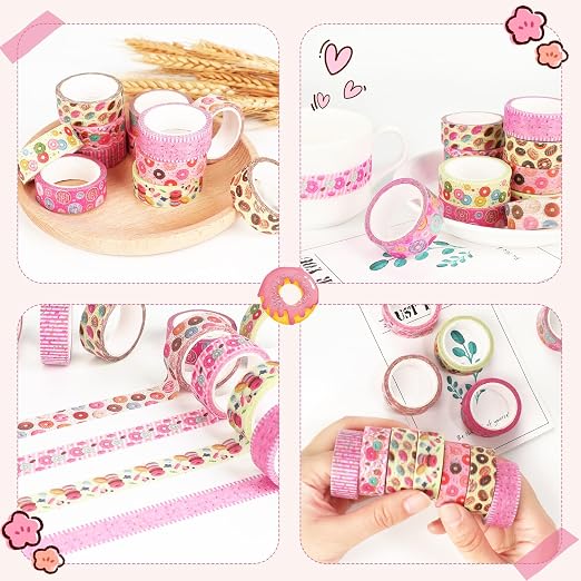 12 Rolls Donut Washi Tape Set, Candy Donuts Stars Decorative Masking Tapes, Cartoon Craft Pattern Adhesive Tapes for DIY Art Crafts Scrapbook Journal Planners Supplies Gift Wrapping 16.4Ft