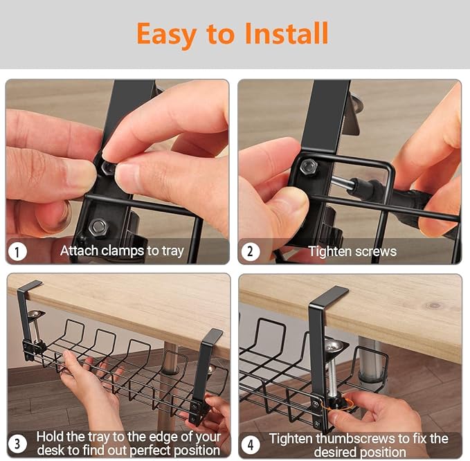 Under Desk Cable Management Tray L 14.9'' W 5.9'' | Under Desk Cable Organizer Rack, No Drill Wire Cord Tray for Home Office Workstation, PC, Computer, Desktop & Laptop