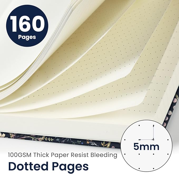 Dotted Journal Notebook for Women & Men, Hardcover Leather Journal for Writing, A5 Dotted Journaling Notebook for Work & Sketching, Perfect for Office School Home Supplies, 160 Pages, Patchwork Floral