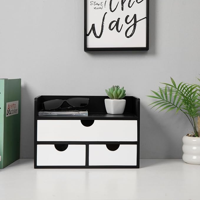 Rustic Wood Desk Organizer with Drawers,3-Drawer Desktop Storage Box | Two-Tone Black & White‌ 3 Drawers Shelf Pens, Notes, Makeup, Jewelry & Toiletries for Office, Bath Vanity Office Supplies