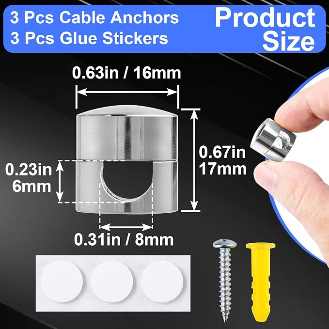 SmallCat 3 Sets Charger Holders for Cords, Silver Adjustable Cable Anchor Holders, Adhesive Metal Cord Clips, Cable Management Wire Organizers for Desk, Office, Nightstand