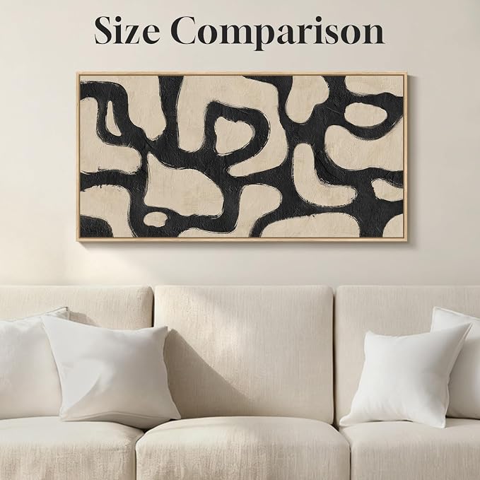 Framed Abstract Neutral Horizontal Wall Art for Living Room, Black Beige Mid Century Modern Artwork for Walls, Large Abstract Canvas Painting Print for Bedroom Hallway Home Office Wall Decor, 24x48 In