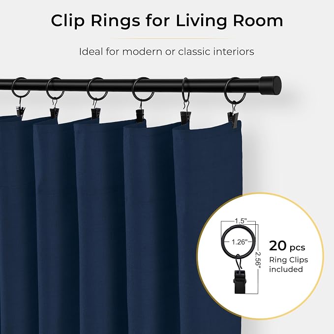 INOVADAY 100% Blackout Curtains for Bedroom, Black Out Curtains 72 Inch Long, Clip Rings Linen Blackout Drapes, Thermal Insulated Room Darkening for Living Room, 2 Panel - Midnight Blue,W50xL72