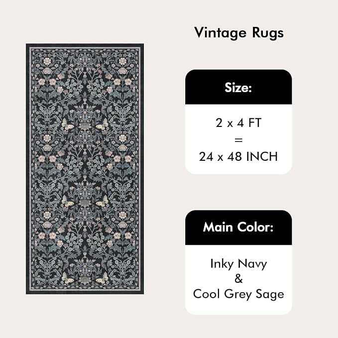 Puino Washable 2x4 Runner Rug: Soft Vintage Floral Non Slip Rubber Backing Floor Mat for Entryway Low Pile Stain Resistant Carpet for Hallway Kitchen Bedroom Bathroom Bedside Home Decor Dark Botanical