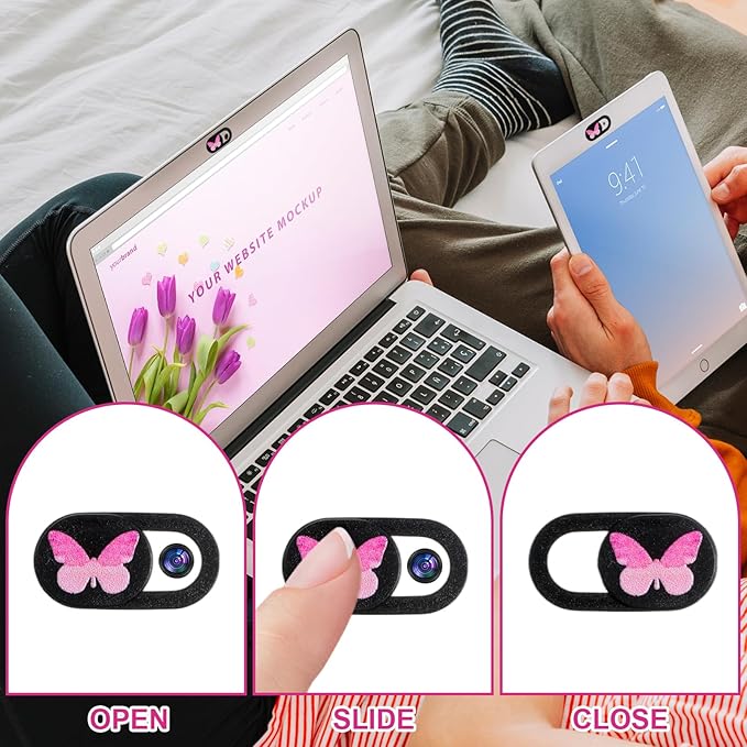 6 Pcs Webcam Cover Slide, Ultra-Thin Camera Privacy Cover for Laptop Desktop Computer Smartphone Tablet to Protect Your Privacy and Security, Butterfly Design (Black)