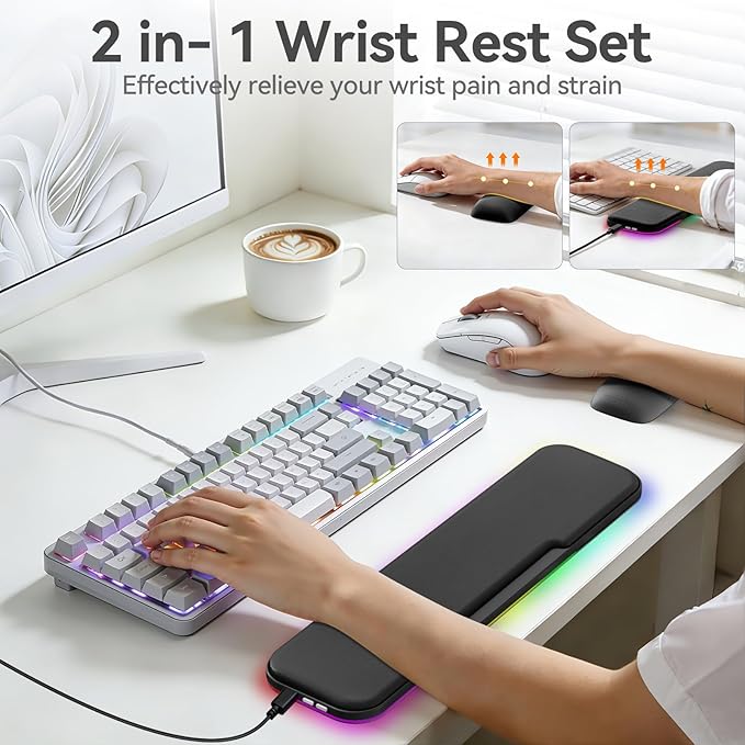 2-in-1 Heated Wrist Rest Set, Ergonomic Memory Wrist Pad with RGB Lights and Non-Slip Base, Keyboard Mouse Wrist Rest for Computer Laptop Office Work and PC Gaming