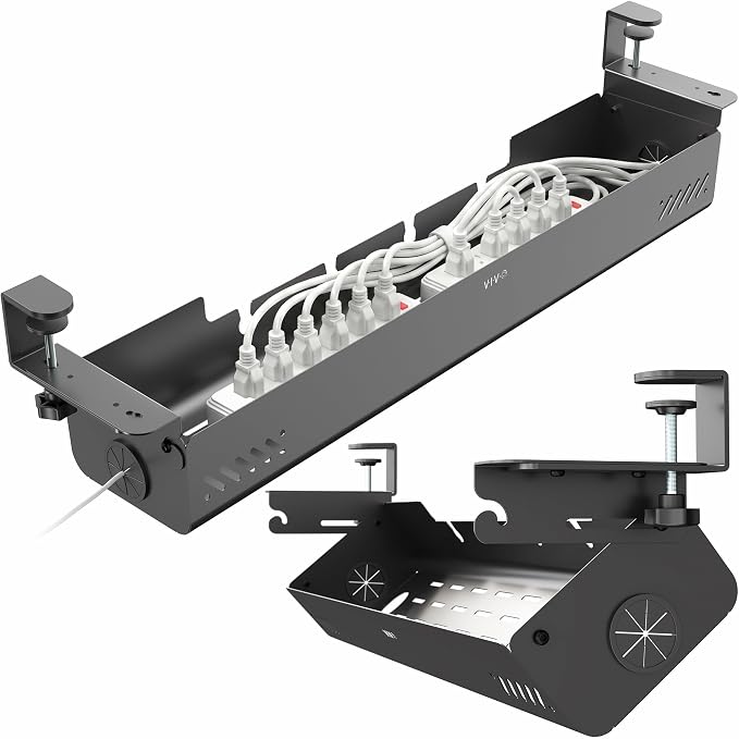 VIVO No Drill 35 inch Under-Desk Clamp-On Cable Management Box with Flip-Open Lid, Easy-to-Open Steel Cord and Power Strip Organizer, Cable Organizer Tray, 11 lbs Capacity, Black, DESK-ACMB35-C