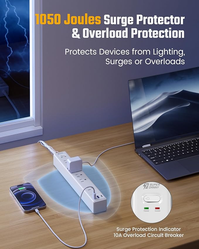 2 Pack Flat Plug Surge Protector Power Strip, 6ft Ultra Thin Extension Cord with 3 USB, SUPERDANNY 6 Outlets Charging Station, Wall Mountable Outlet Extender for Home Office, College Dorm Room