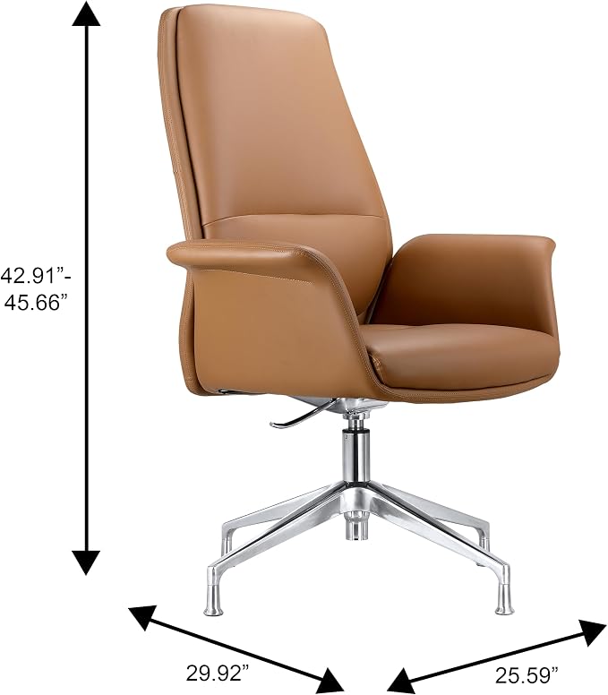 LeisureMod Mid-Century Modern Swivel Office Chair, Adjustable Height with Faux Leather Seat and Aluminum Frame (Acorn Brown, Set of 2)