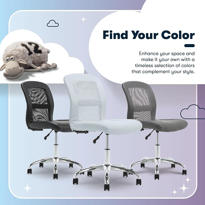 Serta Armless Small Home Desk Chair with Wheel, Ergonomic Mesh Office Chair | Leather and Foam Cusioned Seat, Adjustable Height, Small Vanity Chair for Bedroom and Small Spaces, 360° Swivels, Sky Blue