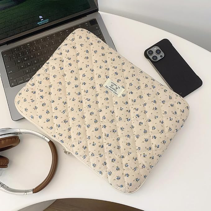 Cute Laptop Sleeve 13-15 inch Laptop Case Aesthetic Quilted Laptop Sleeve Computer Bag with Flower Printing for MacBook (A-Blue, 15inch)