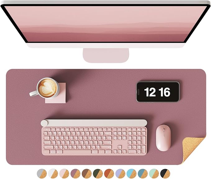 YSAGi Double-Sided Desk Pad, Leather Desk Mat, Eco Cork Desk Pad Protector, Large Mouse Pad for Desk, Waterproof Desk Blotter Pad, Desk Writing Pad for Office Work&Home(23.6"x13.7",Cork+Dark Pink)