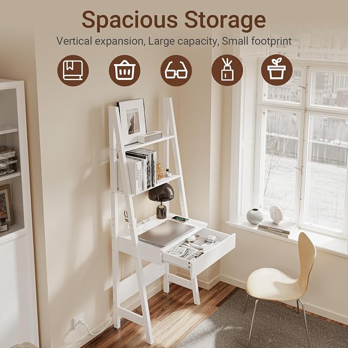 Haotian Ladder Desk with Power Outlet, Narrow Bookshelf Desk with Drawer and Shelves, Compact Secretary Desk for Small Spaces, Bedroom, Home, Office (White FWT112-W)